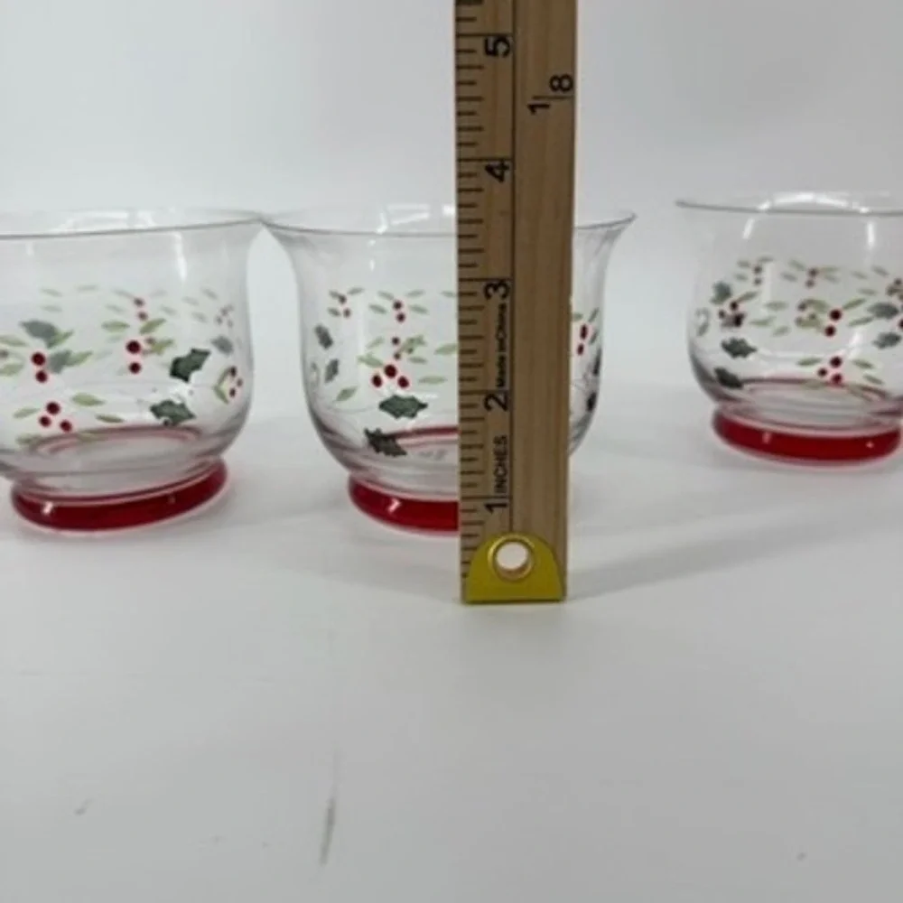 Pfaltzgraff Winterberry Glass Votive Candle Holders Set of 3 Red Footed‎ Holly